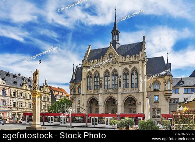 The town hall was built in 1870 in Gothic Revival style. It is located at the fish market in Erfurt, Capital of Thuringia, Germany, Europe
