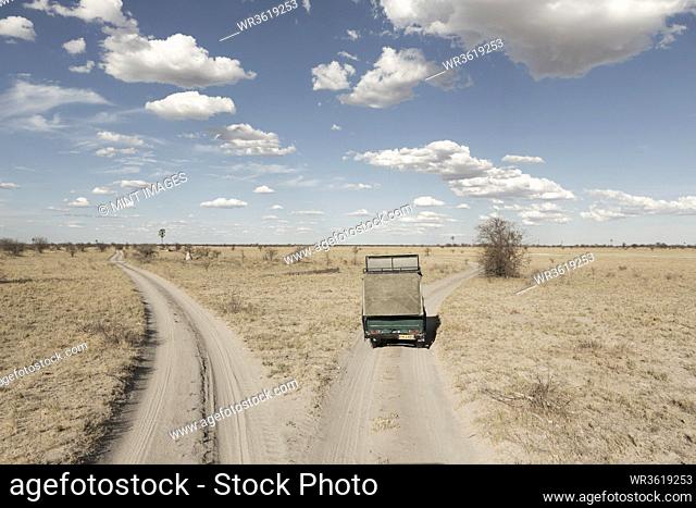 A safari vehicle at a fork in the tracks ahead in open ground