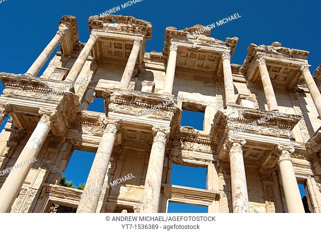 Ruins of the facade of library Celsus bibliotheque in the ancient town of Ephesus in Turkey