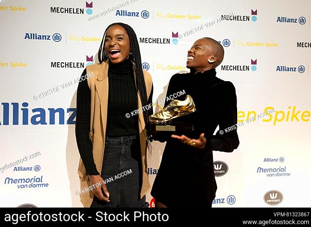 Cynthia Mbongo Bolingo (R) and her coach Carole Kaboud Me Bam pictured at the 'Golden Spike' athletics awards ceremony, Saturday 02 December 2023 in Mechelen