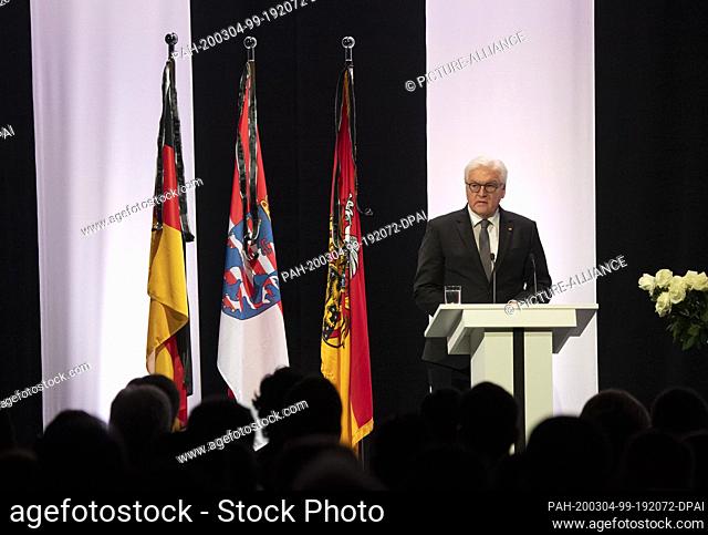 04 March 2020, Hessen, Hanau: Federal President Frank-Walter Steinmeier speaks at the memorial service for the victims of the attack on Hanau in the Congress...