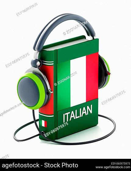 Italian dictionary with headphones isolated on white background. 3D illustration