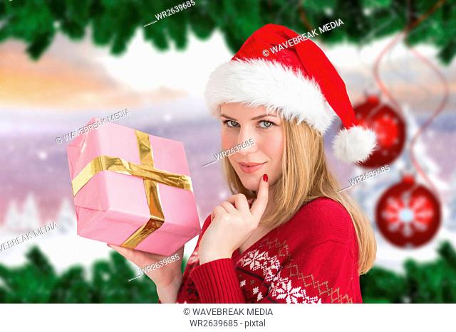 Beautiful woman in santa hat holding a gift box
