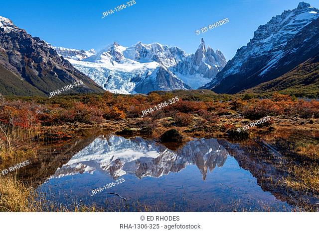 Autumn colours in Los Glaciares National Park, UNESCO World Heritage Site, with reflections of Cerro Torro, Patagonia, Argentina, South America