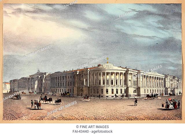 The Senate and Synod Buildings in Saint Petersburg by Beggrov, Karl Petrovich (1799-1875)/Lithograph, watercolour/Academic art/1830s/Russia/State Hermitage, St