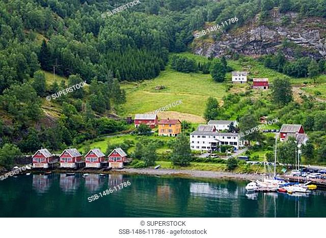 High angle view of a village on the coast, Flam, Aurlandsfjord, Sogn Og Fjordane, Norway