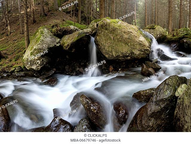 Lutago/Luttach, Aurina Valley, South Tyrol, Italy. The Pojen creek in the Aurina Valley
