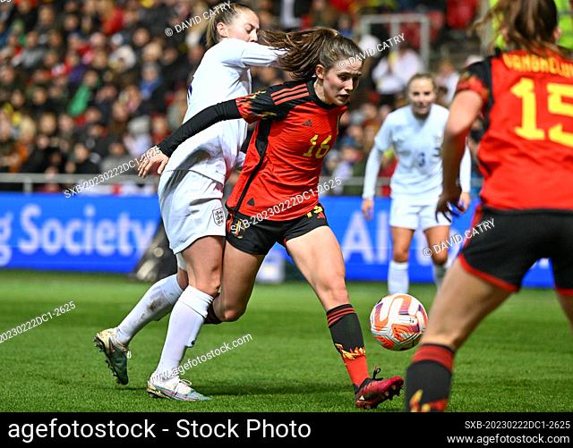 Marie Detruyer (16) of Belgium and Keira Walsh (4) of England pictured during a friendly women soccer game between the national female soccer teams of England
