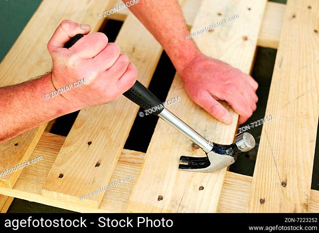 Carpenter using a claw hammer to nail down wooden slats on a frame, close up of his hands and the hand tool