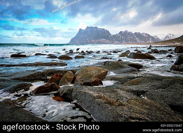 Rocks on beach of fjord of Norwegian sea in winter with snow. Utakliev beach, Lofoten islands, Norway