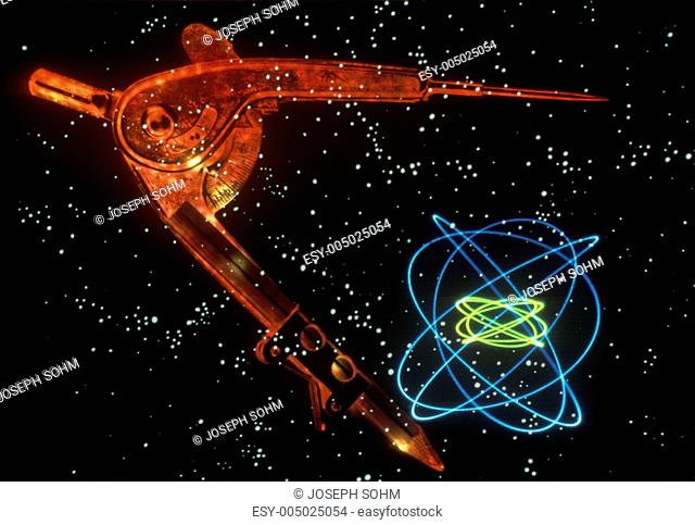 Space special effects composite with compass, stars and laser light