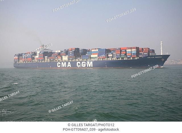 tourism, france, normandy, seine maritime, off the coast of le havre, giant container ship, container, ship debussy cma cgm, international trading, cargo