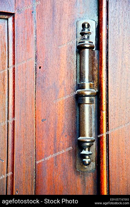 vedano olona abstract rusty brass brown knocker in a door closed wood lombardy italy varese