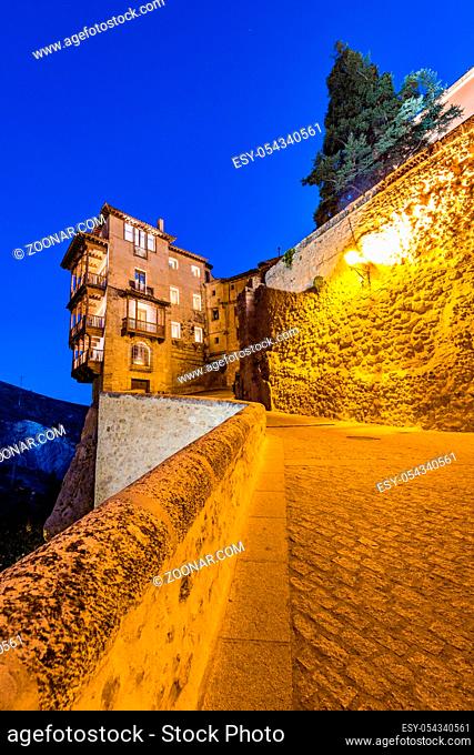 Hanging Houses or Casas Colgadas in Cuenca illuminated at evening, Spain