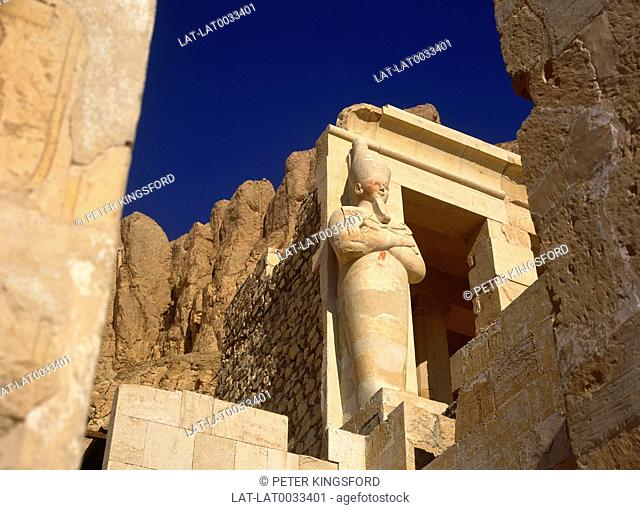 The Mortuary temple of Deir El Bahri, of Queen Hatshepsut, a female pharoah of the eighteenth dynasty of Ancient Egypt is a large building reflecting the long...