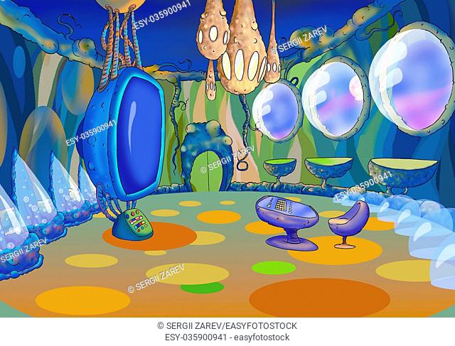 Digital Painting, Illustration of a Spaceship Cabin Futuristic Interior Cartoon of Cosmic Spacecraft in SciFi Galaxy. Fantastic Cartoon Style Character