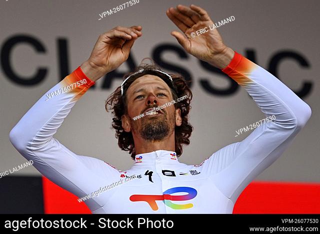 Italian Daniel Oss of Total Direct Energie pictured on the podium after the 'E3 Saxo Bank Classic' cycling race, 203, 9km from and to Harelbeke