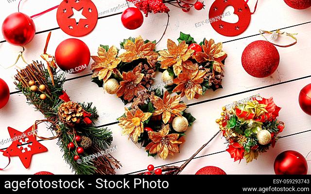 Christmas red collection, pine tree, balls and decorative ornaments, on white wooden background