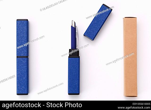 Souvenir business pen in a gift case. Blue gift box with pen. Corporate style
