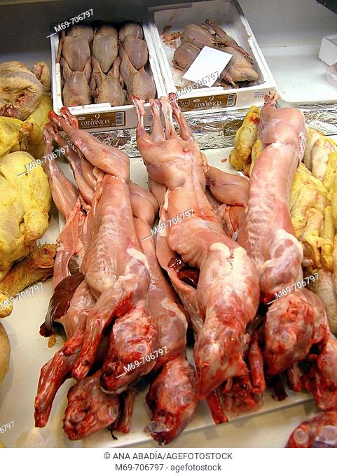 Rabbit meat in La Boqueria, Barcelona, Spain