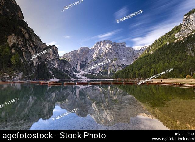 Boats on the lake, Lake Prags Lake, South Tyrol, Italy, Europe