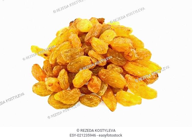 Lots of yellow raisins isolated on white background
