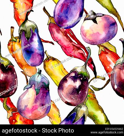 Violet eggplant vegetable in a watercolor style pattern. Full name of the vegetable: eggplant. Aquarelle wild vegetable for background, texture