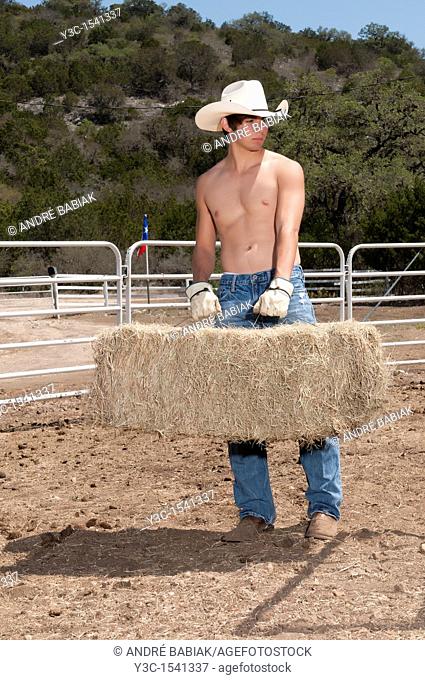 Working cowboy - A young cowboy is carrying a bale of hay to feed cattle or horses