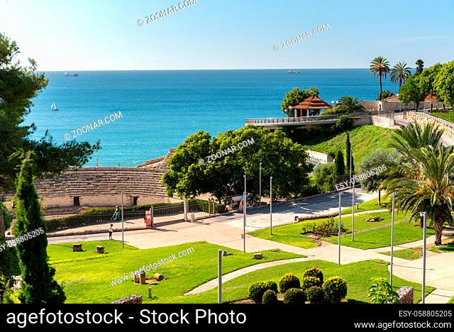 Tarragona, Spain : 2020 September 27: Sunny day in Tarragona Amphitheatre in Spain - A UNESCO World Heritage Site in summer