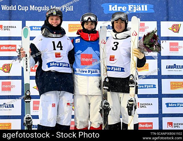 Sweden's Rasmus Stegfeldt (second), Canada's Mikael Kingsbury (first) and Japan's Ikuma Horishima (third) in Saturday's World Cup competitions in the men's hump...
