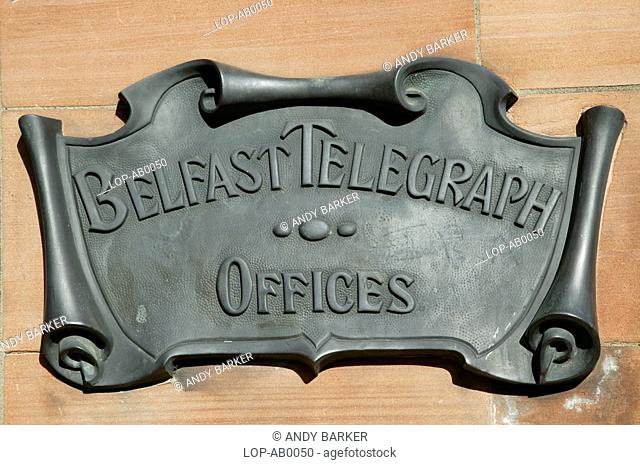 Northern Ireland, Belfast, Belfast, A close up of the Belfast Telegraph newspapers sign