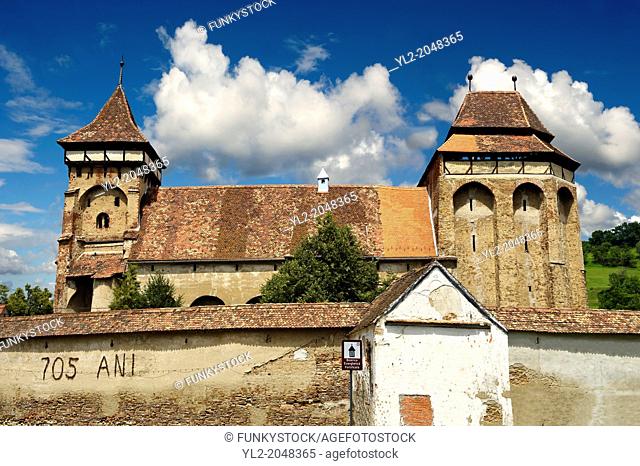 The Fortified Saxon Evangelical church of Valea Viilor. A Gothic church built in 1414 with a three layered defensive tower. Sibiu, Transylvania