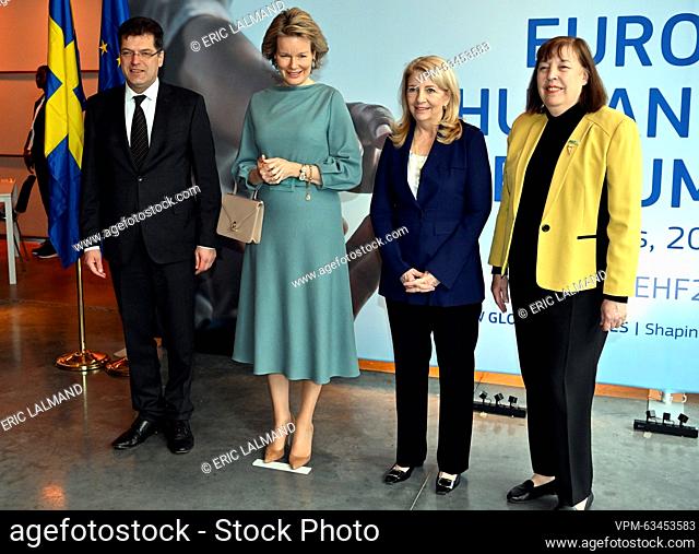 Janez Lenarcic, Queen Mathilde of Belgium, Catherine Russell and Virginia Gamba pose for the photographer during a royal visit to the joint exhibition of the...