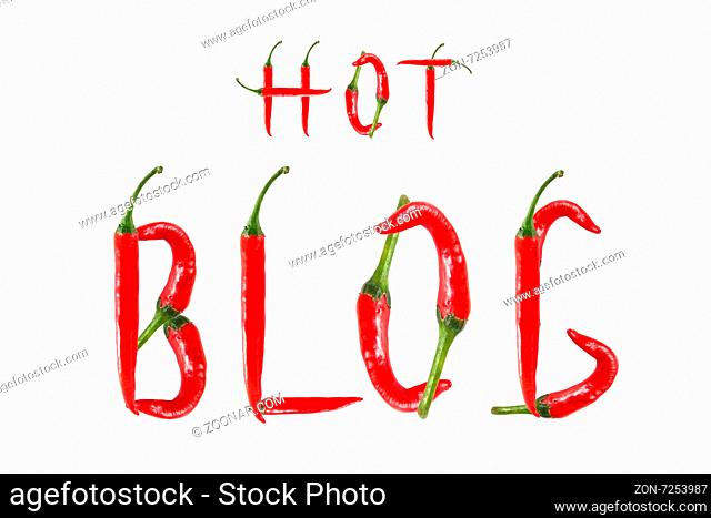 HOT BLOG text composed of chili peppers. Isolated on white background