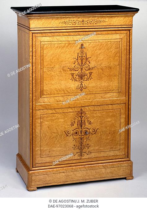 Restoration style (Charles X) speckled maple secretary with amaranth inlays and black marble top. France, 19th century.  Private Collection