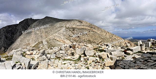 View over the archaeological site on the mountain Messa Vouno to the mountain Profitis Ilias, Alt Thira, Santorini, Greece
