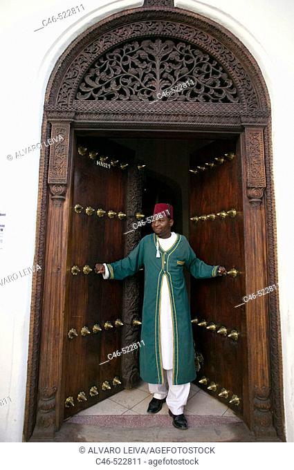 Africa House Hotel, Traditional carved wooden door in Stone Town. Zanzibar Island. Tanzania