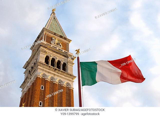 San Marco Belltower and flag, Venice, Veneto, Italy