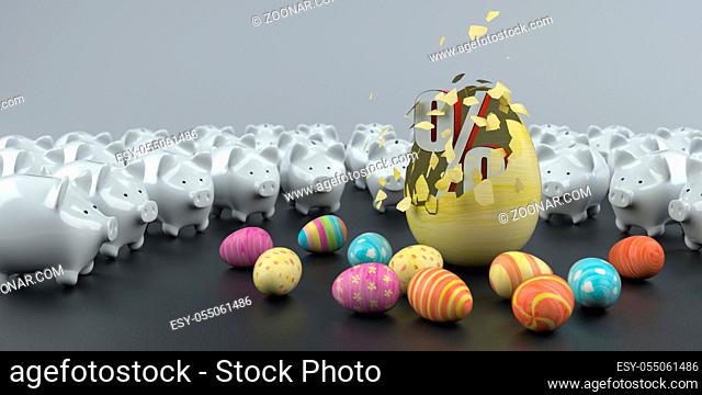 Piggy banks with colored easter eggs and big symbol of percent. 3d illustration