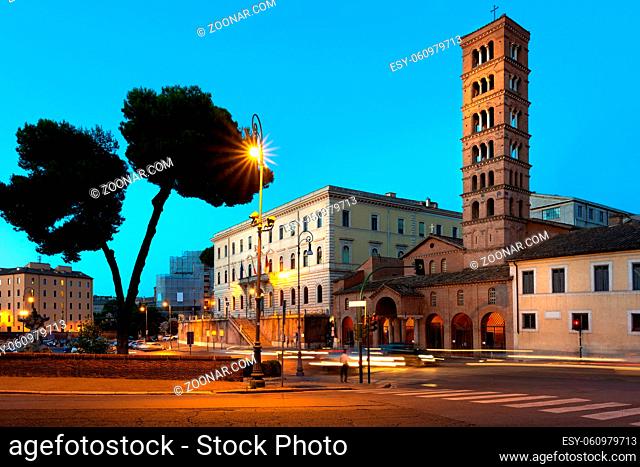 Bell tower of Santa Maria in Cosmedin on the street of Rome