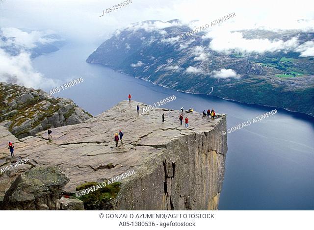 Preikestolen, Pulpit Rock, 600 meters over LyseFjord, Lyse Fjord, in Ryfylke district, Rogaland Region, It is the most popular hike in Stavanger area, Norway