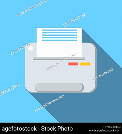 Printer flat icon, colored flat image with long shadow on blue background