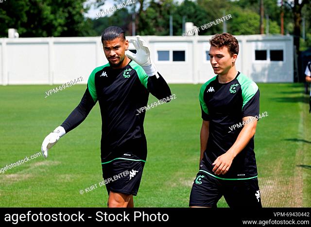 Cercle's goalkeeper Warleson Steillon Oliveira and Cercle's Robbe Decostere pictured during the first training session of Belgian first division soccer team...