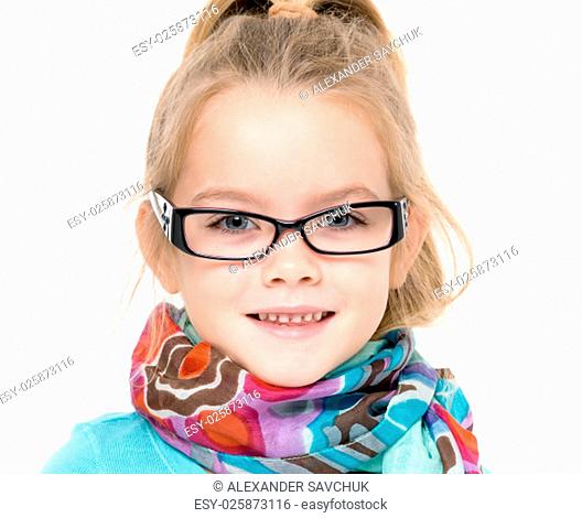 Little Girl in Eyeglasses Posing, on white background