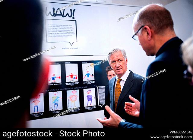 King Philippe - Filip of Belgium pictured during a royal visit to the exhibition called ""Wat Alz? Van Oei naar Waw"", in Leuven, Wednesday 22 November 2023