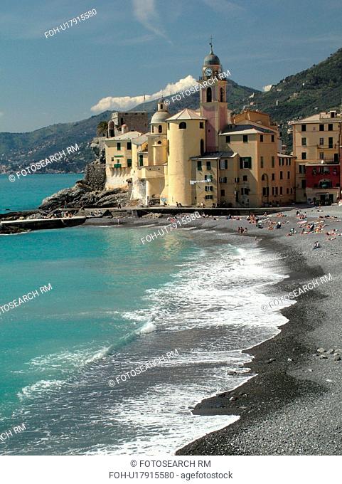 Liguria, Italy, Camogli, Riviera di Levante, Ligurian Riviera, Europe, The beach along the waterfront of the resort town of Camogli along the Ligurian Sea