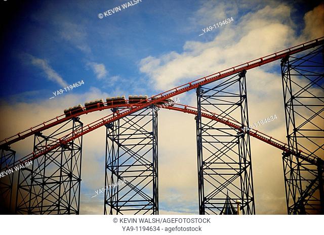 Big One roller coaster on Blackpool Pleasure Beach morning testing under stormy sky