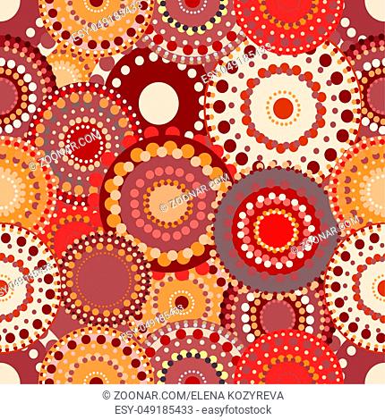 Seamless retro pattern with vivid colorful red orange painted circles. Vintage retro vector ornament natural colored