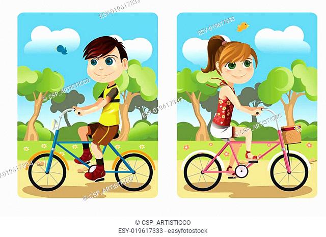 Cartoon kids riding bicycle in the small town background, Stock Vector,  Vector And Low Budget Royalty Free Image. Pic. ESY-055804740 | agefotostock