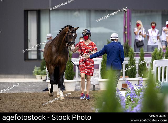 Belgian Equestrian dressage rider Laurence Roos and her horse Fil Rouge pictured during the horse inspection of Belgian dressage team ahead of the 'Tokyo 2020...